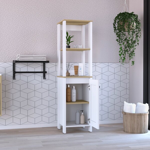 Tuhome St. Clair Linen Cabinet, Two Interior Shelves, Two Open Shelves, Single Door, Light Oak/White - MDB7122