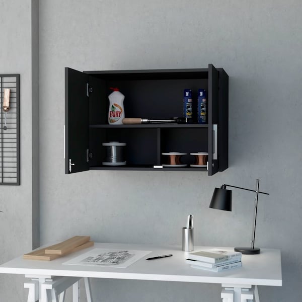 Tuhome Storage Cabinet, Wall Cabinet, Three Interior Shelves, Double Door, Black - WCN6775