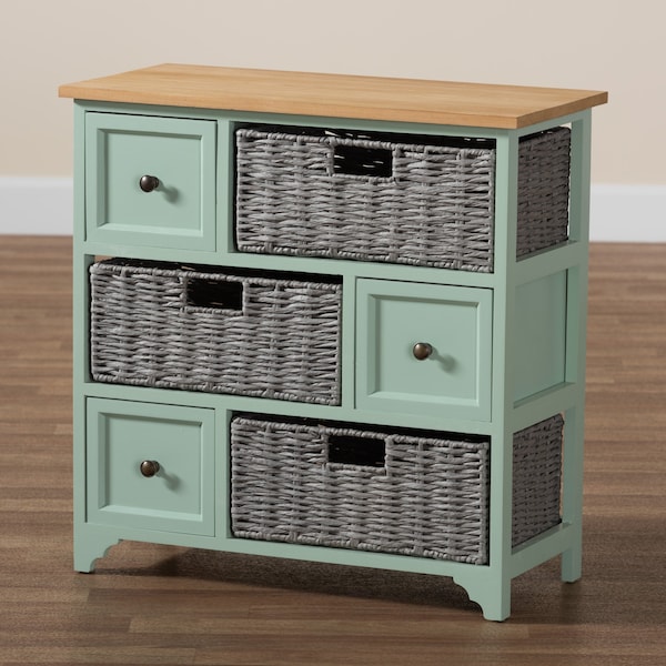 Baxton Studio Valtina   Oak Brown and Mint Green Finished Wood  Storage Unit with Baskets - 222-12301-ZORO