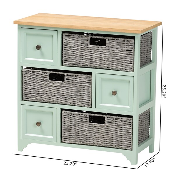 Baxton Studio Valtina   Oak Brown and Mint Green Finished Wood  Storage Unit with Baskets - 222-12301-ZORO