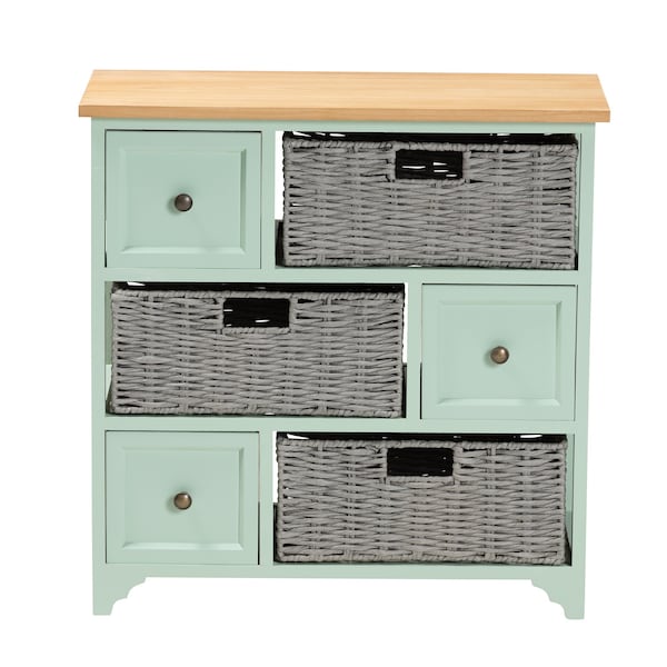 Baxton Studio Valtina   Oak Brown and Mint Green Finished Wood  Storage Unit with Baskets - 222-12301-ZORO