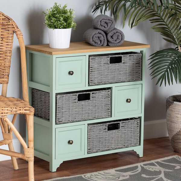 Baxton Studio Valtina   Oak Brown and Mint Green Finished Wood  Storage Unit with Baskets - 222-12301-ZORO