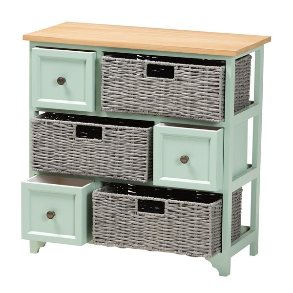 Baxton Studio Valtina   Oak Brown and Mint Green Finished Wood  Storage Unit with Baskets - 222-12301-ZORO