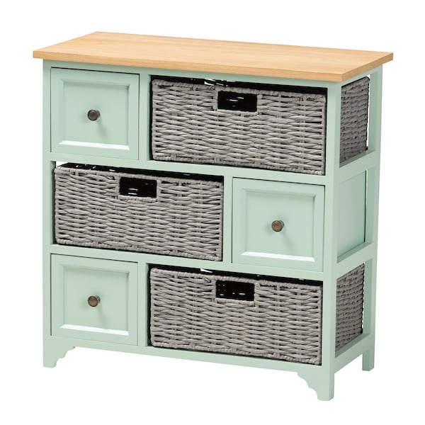 Baxton Studio Valtina   Oak Brown and Mint Green Finished Wood  Storage Unit with Baskets - 222-12301-ZORO
