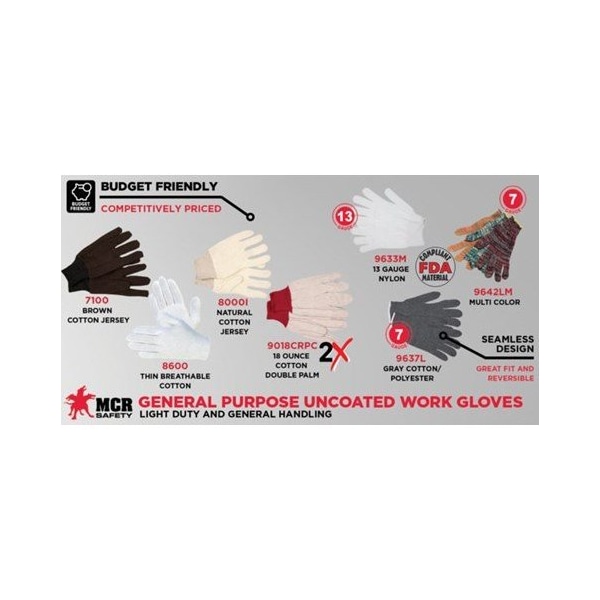Mcr Safety Gloves, Cotton, Brn, Large, 8 oz., PK12 - 8000I