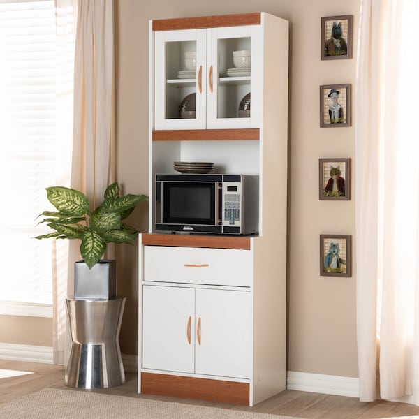 Baxton Studio Laurana Modern White and Cherry Finished Kitchen Cabinet and Hutch - 147-8317