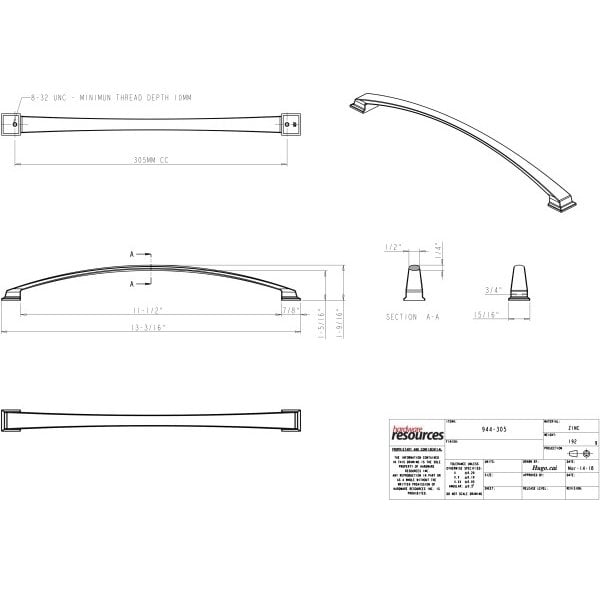 Jeffrey Alexander 305 mm Center-to-Center Brushed Gold Arched Roman Cabinet Pull - 944-305BG