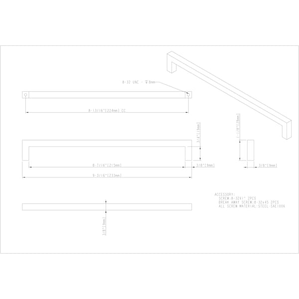 Elements By Hardware Resources 224 mm Center-to-Center Satin Nickel Square Stanton Cabinet Bar Pull - 625-224SN