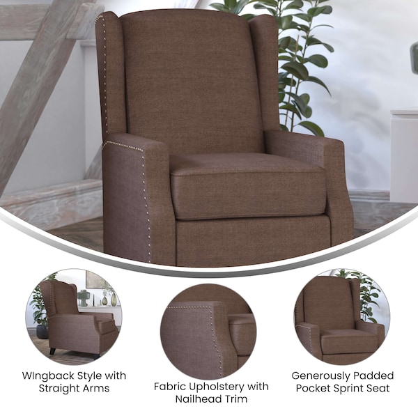 Flash Furniture Prescott Traditional Style Slim Push Back Recliner Chair-Wingback, Brown Polyester, Accent Nail Trim - BO-BS7002-1-BR-GG
