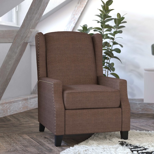 Flash Furniture Prescott Traditional Style Slim Push Back Recliner Chair-Wingback, Brown Polyester, Accent Nail Trim - BO-BS7002-1-BR-GG
