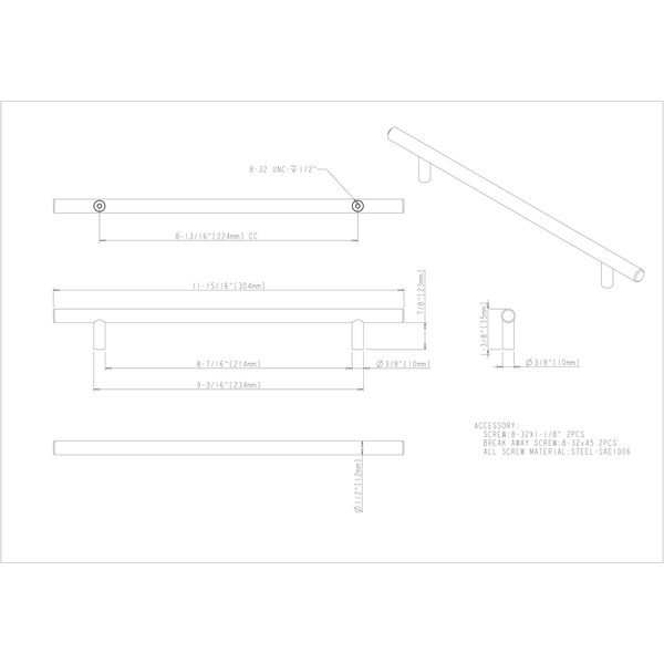 Elements By Hardware Resources 224 mm Center-to-Center Hollow Matte Black Stainless Steel Naples Cabinet Bar Pull - 302SSMB