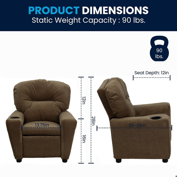 Flash Furniture Kids Recliner, 25" to 39" x 28", Upholstery Color: Brown, Weight Capacity: 90 lb. - BT-7950-KID-MIC-BRWN-GG