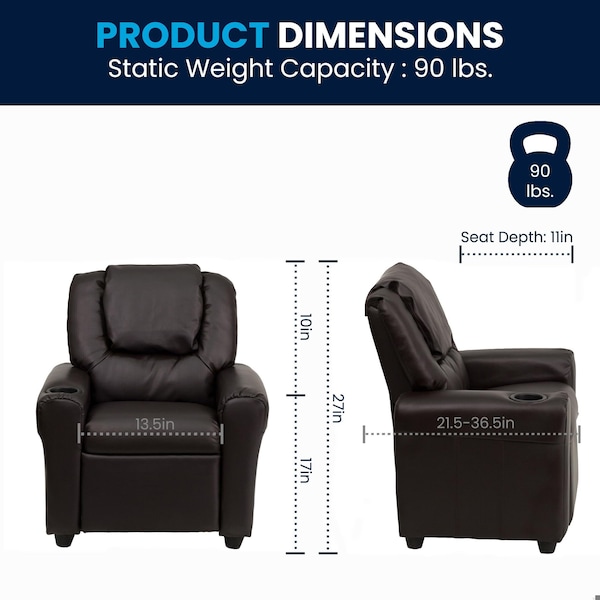 Flash Furniture Kids Recliner, 21-1/2" to 36-1/2" x 27", Upholstery Color: Brown - DG-ULT-KID-BRN-GG