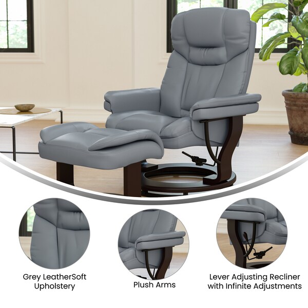 Flash Furniture Allie Recliner Chair with Ottoman Gray LeatherSoft Swivel Recliner Chair with Ottoman Footrest - BT-7821-GY-GG