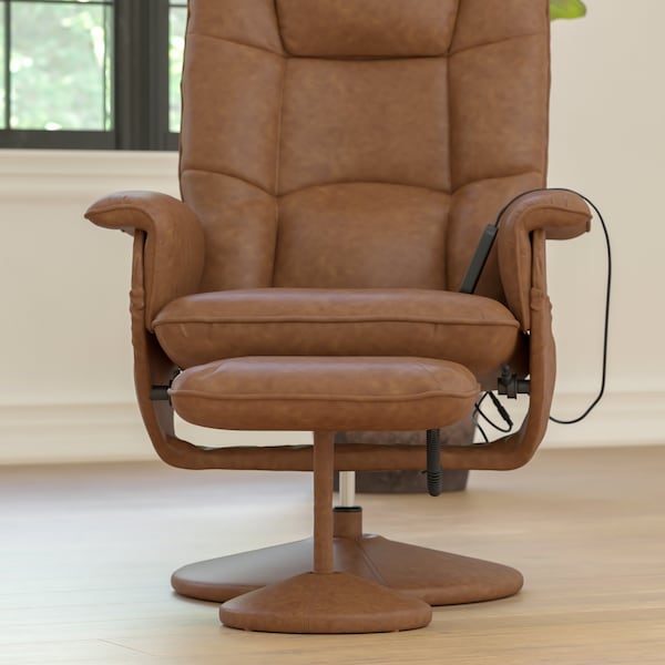 Flash Furniture Cason Massaging Adjust Recliner w/Deep Side Pockets and Ottoman w/Wrapped Base, Brown LeatherSoft - BT-753P-MASSAGE-CGN-GG