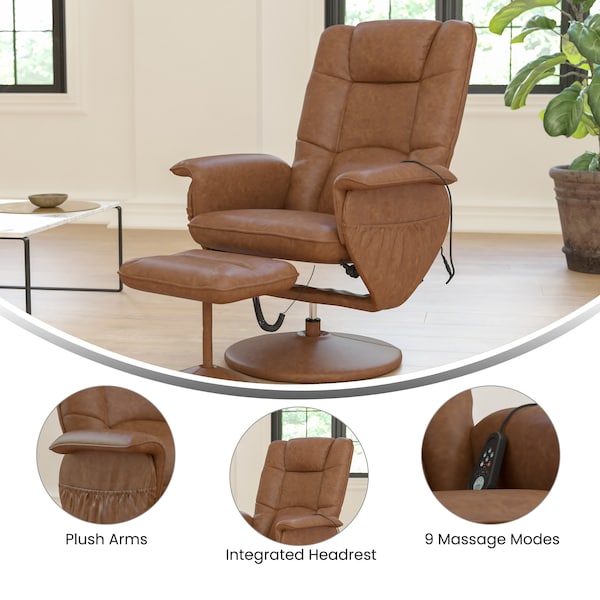 Flash Furniture Cason Massaging Adjust Recliner w/Deep Side Pockets and Ottoman w/Wrapped Base, Brown LeatherSoft - BT-753P-MASSAGE-CGN-GG
