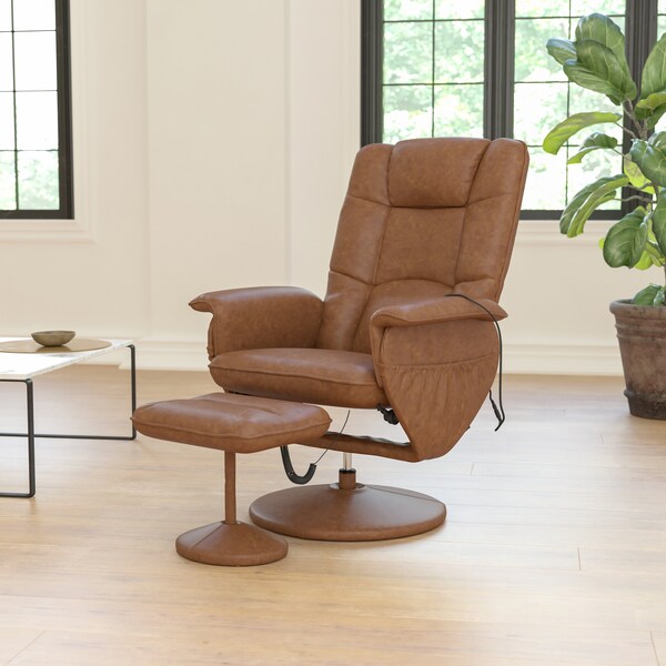 Flash Furniture Cason Massaging Adjust Recliner w/Deep Side Pockets and Ottoman w/Wrapped Base, Brown LeatherSoft - BT-753P-MASSAGE-CGN-GG