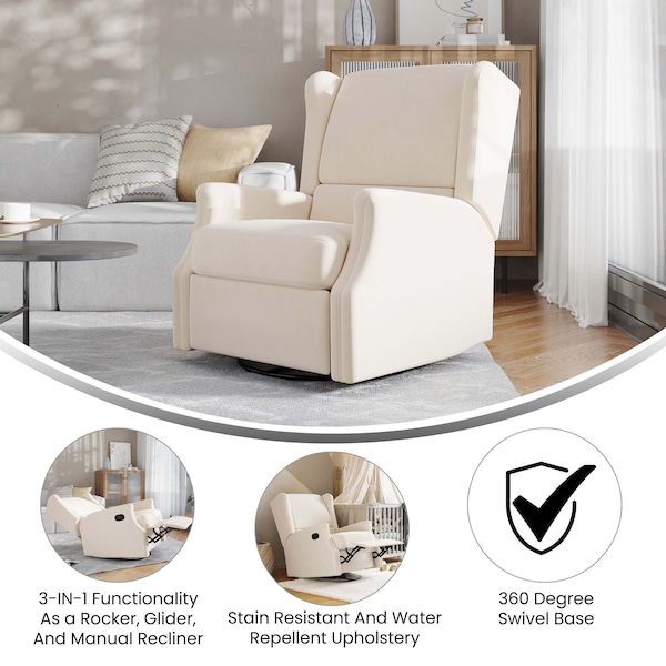 Flash Furniture Omma Swivel Glider Rocker Recliner Chair, Manual 360 Degree Swivel Wingback Recliner, Cream - CY-RAC-537-CRM-GG