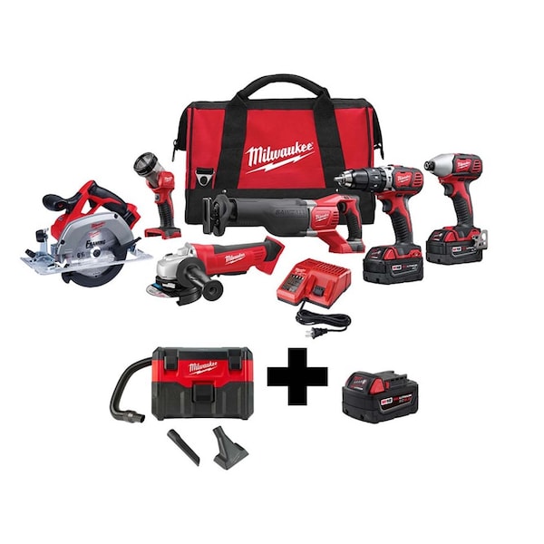 Milwaukee Tool Cordless Combo Kit, 18V w/Vac, w/5.0AH - 2696-26, 0880-20, 48-11-1850