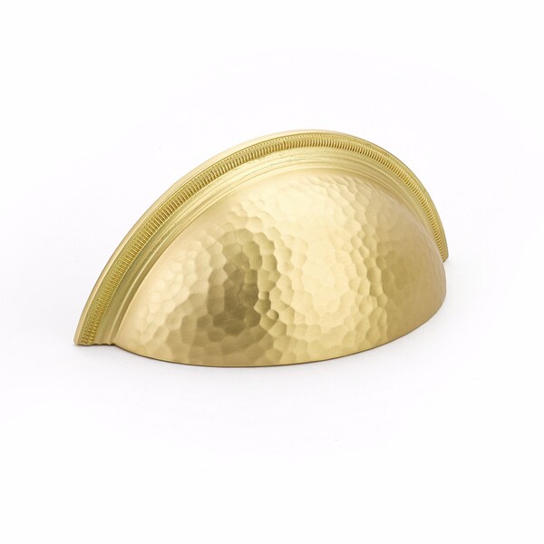 Schaub 3in Center to Center Atherton Hammered Knurled Edge Cup Pull Satin Brass Finish - 574-SB
