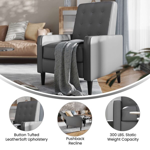 Flash Furniture Ezra Mid-Century Modern LeatherSoft Upholstered Button Tufted Pushback Recliner in Light Gray - SG-SX-80415N-LGY-GG