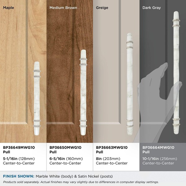 Amerock Carrione 10-1/16 inch 256mm Center-to-Center Marble White/Satin Nickel Cabinet Pull - BP36664MWG10