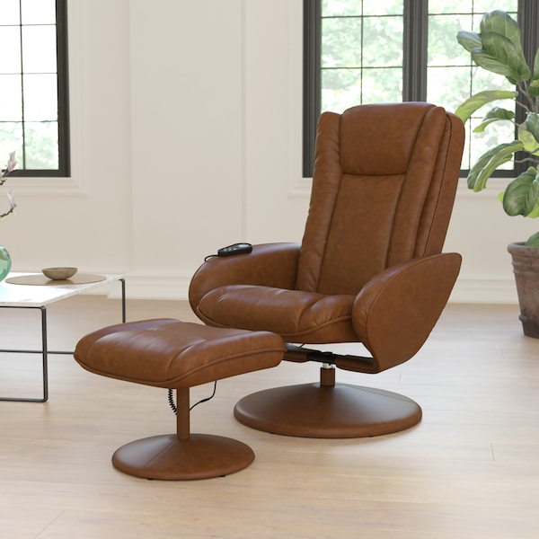Flash Furniture Poppy Massaging Multi-Position Plush Recliner w/Side Pocket and Ottoman in Brown LeatherSoft - BT-7672-MASSAGE-CGN-GG