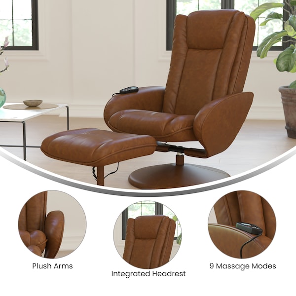 Flash Furniture Poppy Massaging Multi-Position Plush Recliner w/Side Pocket and Ottoman in Brown LeatherSoft - BT-7672-MASSAGE-CGN-GG