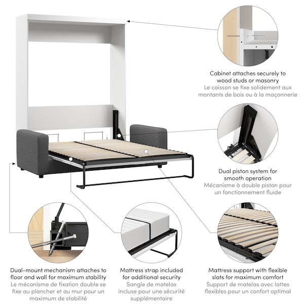 Bestar Pur 78W Queen Murphy Bed and a Sofa, White - 26721-000017