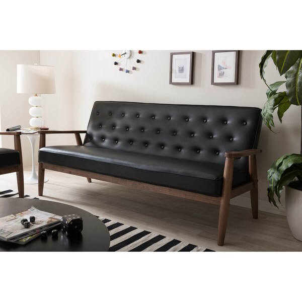 Baxton Studio Sorrento Black Faux Leather Upholstered Wooden 3-seater Sofa - 122-6770