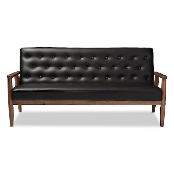 Baxton Studio Sorrento Black Faux Leather Upholstered Wooden 3-seater Sofa - 122-6770