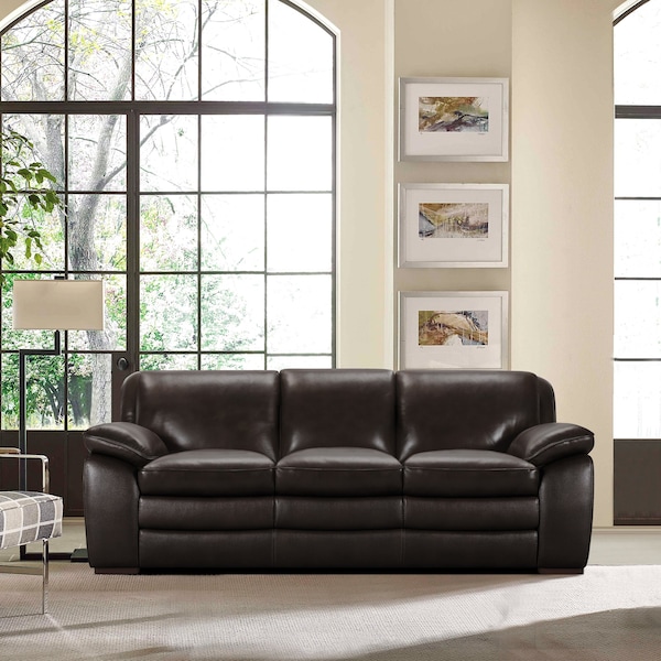 Armen Living Zanna Contemporary Sofa in Genuine Dark Brown Leather with Brown Wood Legs - LCZA3BR
