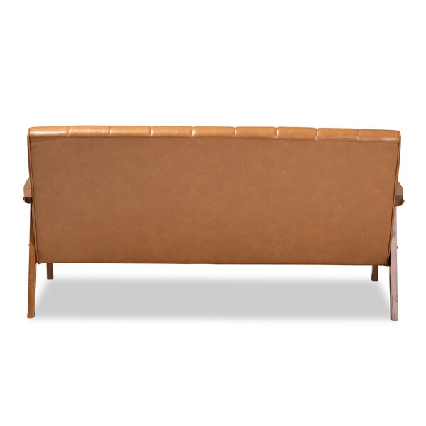 Baxton Studio Nikko Mid-century Modern Tan Faux Leather and Walnut Brown finished Wood Sofa - 175-10976-ZORO
