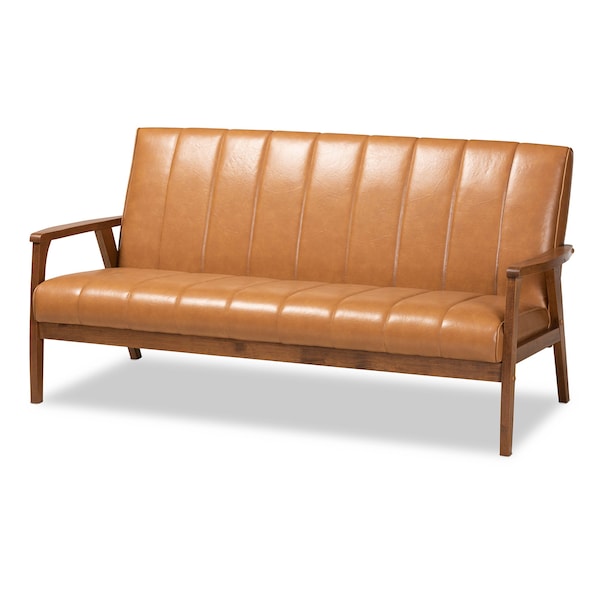 Baxton Studio Nikko Mid-century Modern Tan Faux Leather and Walnut Brown finished Wood Sofa - 175-10976-ZORO