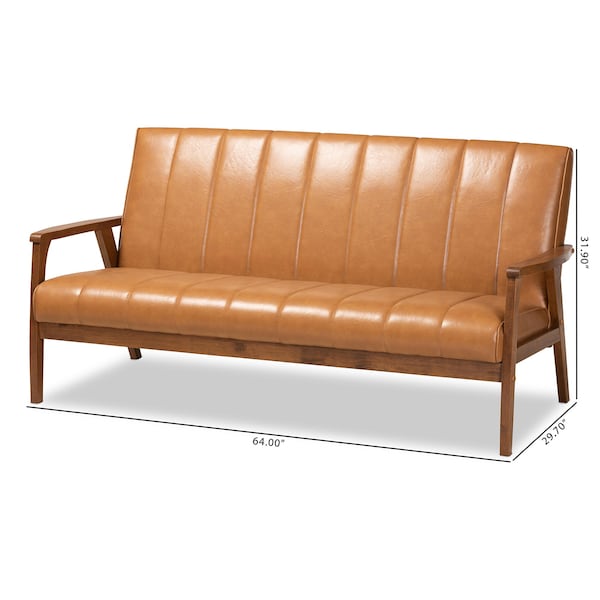Baxton Studio Nikko Mid-century Modern Tan Faux Leather and Walnut Brown finished Wood Sofa - 175-10976-ZORO