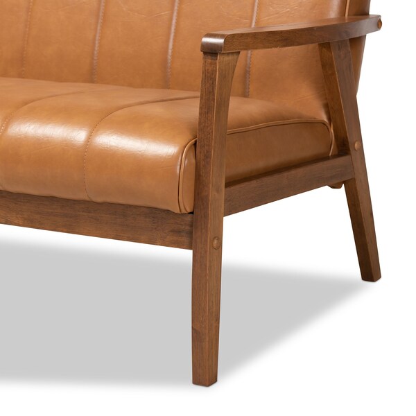 Baxton Studio Nikko Mid-century Modern Tan Faux Leather and Walnut Brown finished Wood Sofa - 175-10976-ZORO