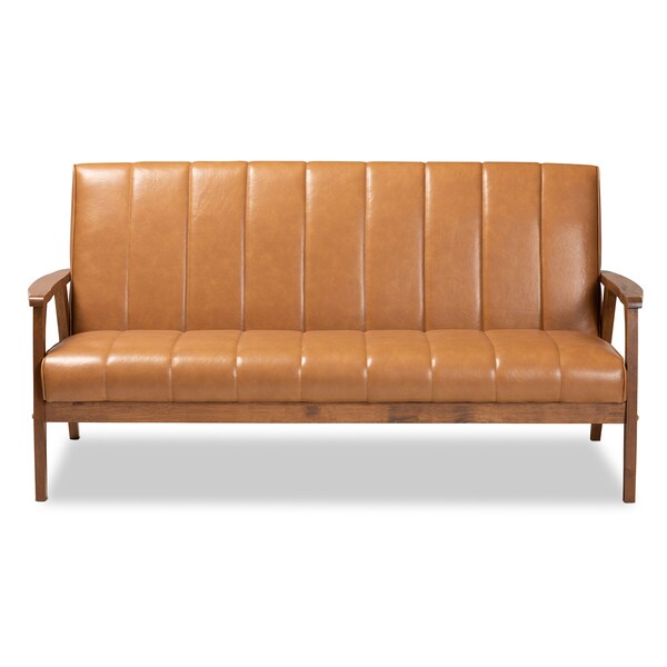 Baxton Studio Nikko Mid-century Modern Tan Faux Leather and Walnut Brown finished Wood Sofa - 175-10976-ZORO