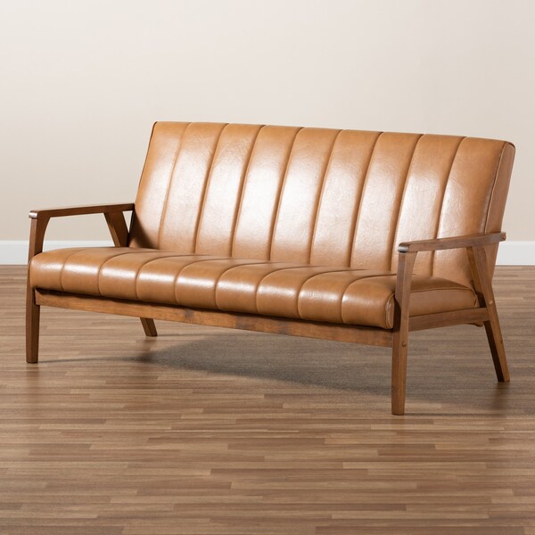 Baxton Studio Nikko Mid-century Modern Tan Faux Leather and Walnut Brown finished Wood Sofa - 175-10976-ZORO