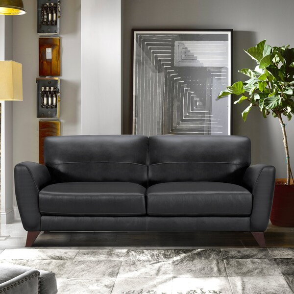Armen Living Jedd Contemporary Sofa in Genuine Black Leather with Brown Wood Legs - LCJD3BL