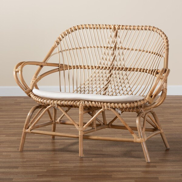 Baxton Studio Jayden Modern Bohemian White Fabric Upholstered and Natural Brown Finished Rattan Loveseat - 205-12694