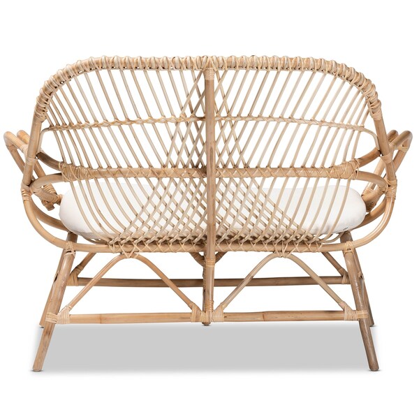 Baxton Studio Jayden Modern Bohemian White Fabric Upholstered and Natural Brown Finished Rattan Loveseat - 205-12694