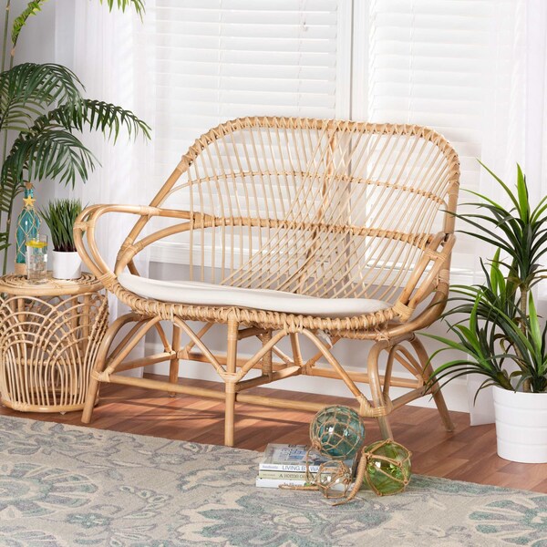 Baxton Studio Jayden Modern Bohemian White Fabric Upholstered and Natural Brown Finished Rattan Loveseat - 205-12694
