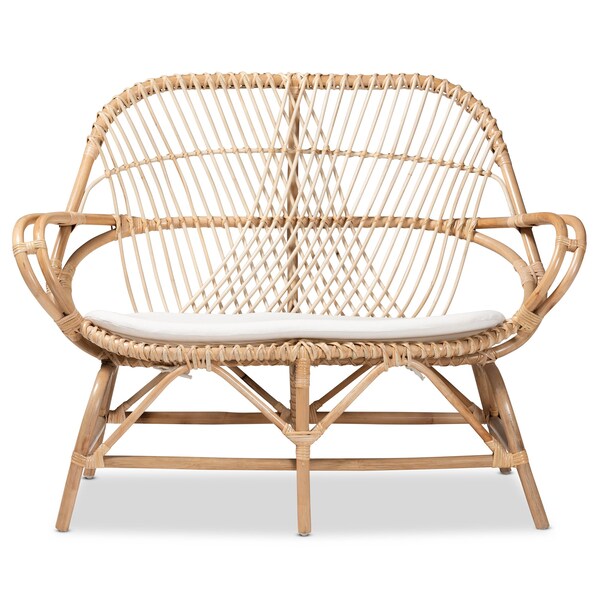 Baxton Studio Jayden Modern Bohemian White Fabric Upholstered and Natural Brown Finished Rattan Loveseat - 205-12694