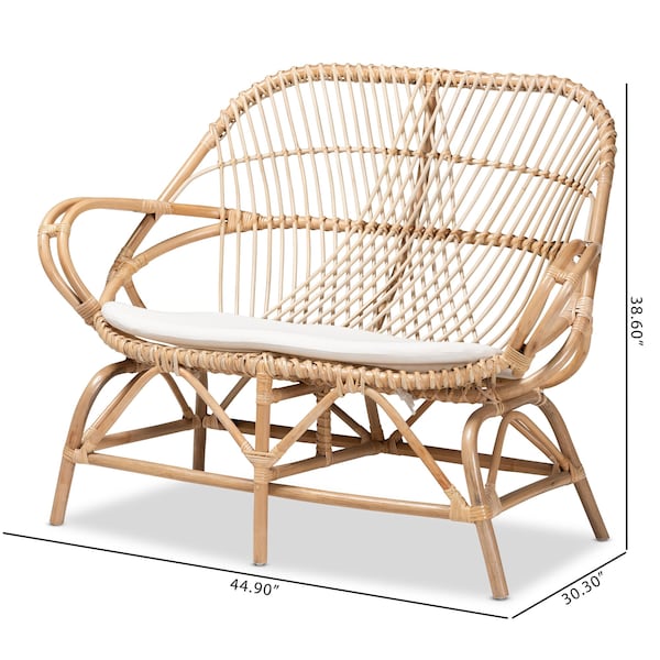 Baxton Studio Jayden Modern Bohemian White Fabric Upholstered and Natural Brown Finished Rattan Loveseat - 205-12694