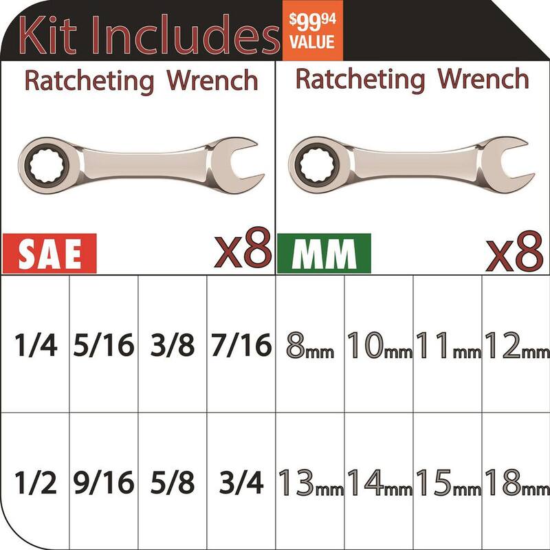 Husky SAE and Metric Ratcheting Wrench Set (16-Piece) - HRW16PCSM