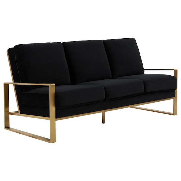 Leisuremod Jefferson Contemporary Velvet Sofa with Gold Frame, Black - JAG77BL