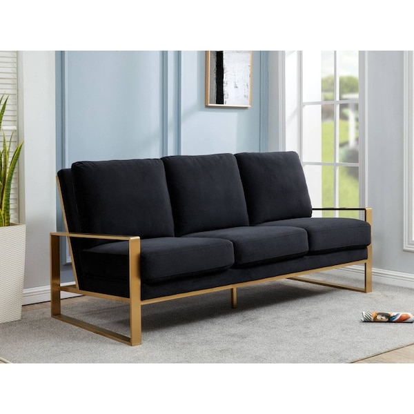 Leisuremod Jefferson Contemporary Velvet Sofa with Gold Frame, Black - JAG77BL
