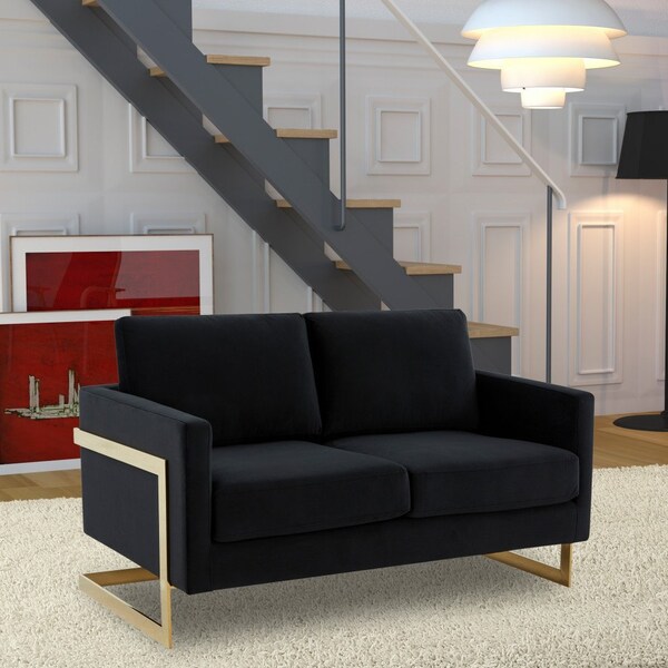 Leisuremod Lincoln Upholstered Velvet Loveseat with Gold Frame, Midnight Black - LA55BL