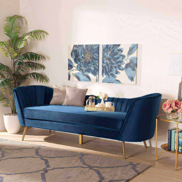 Baxton Studio Kailyn Glam and Luxe Navy Blue Velvet Fabric and Gold Finished Sofa - 174-11023-ZORO