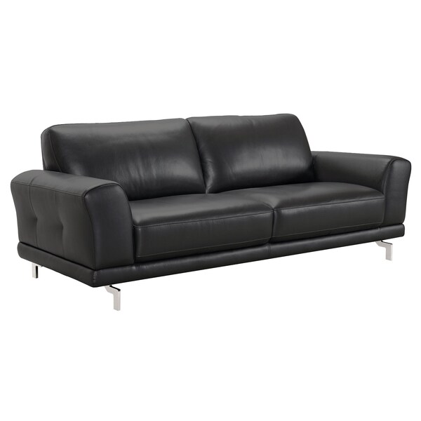 Armen Living Everly Contemporary Sofa in Genuine Black Leather with Brushed Stainless Steel Legs - LCEV3BL